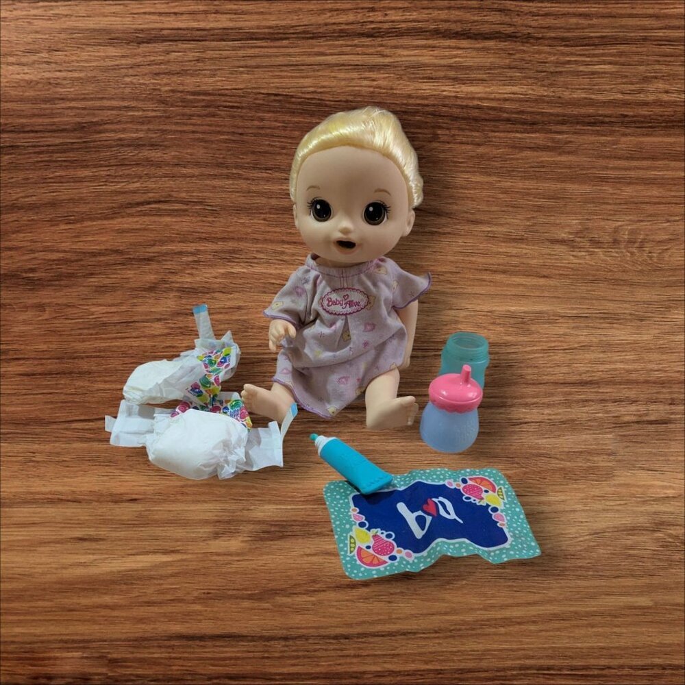 Baby Alive Doll Blonde Hair W/ Accessories Diapers Bottle Dress Pretend Play Toy